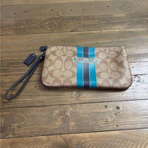 Coach Varsity LG Wristlet in Signature C Brown Leather and Shades of Blue